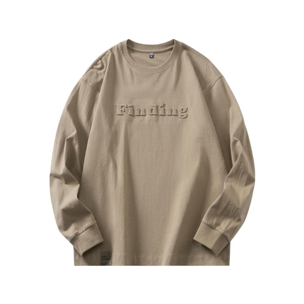 Męski T-shirt z długim rękawem z grubej bawełny - Biały z okrągłym dekoltem, nadruk stalowy, luźny krój, kolekcja jesienna