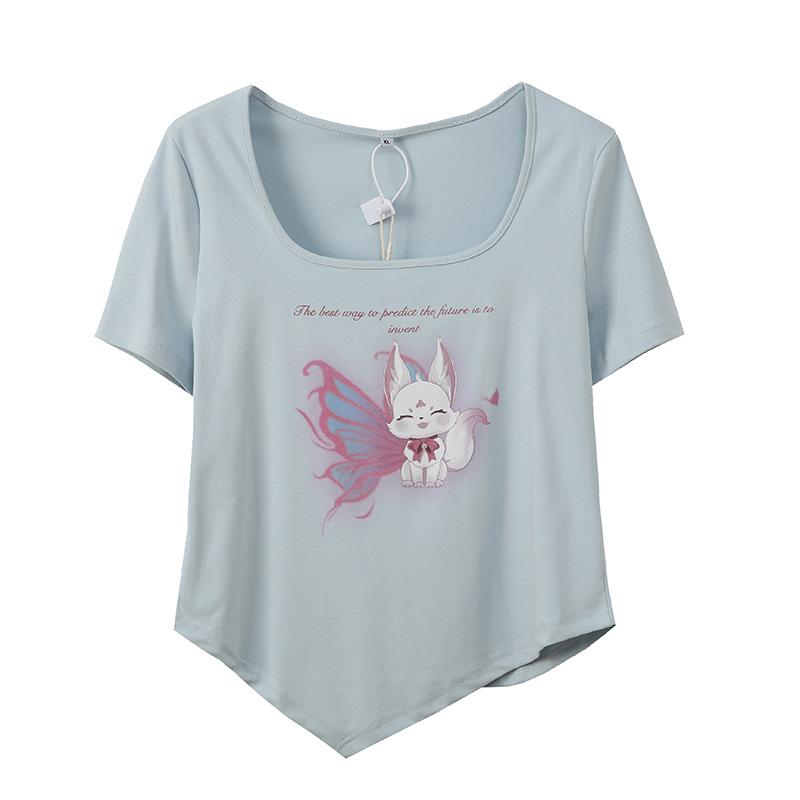 Large Size Women's Clothing Little Fox Printed Square Collar T-shirt Summer New Women's Sweet and Spicy Showing Thin Top 242396