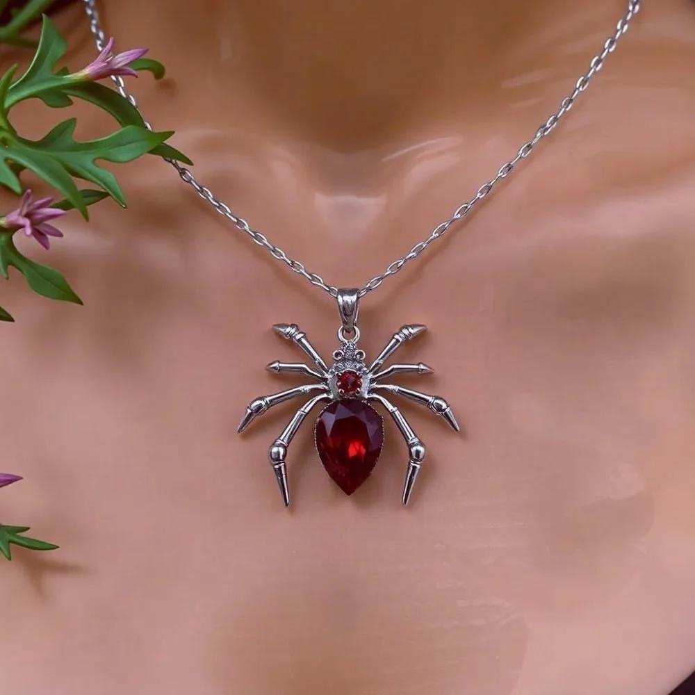 Personality Gothic Dark Imitation Spider Red Crystal Pendant Necklace for Men Women Halloween Party Collar Chain Jewelry Gifts