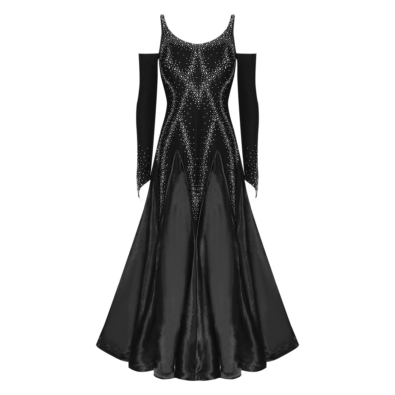 

Жіноча сукня для бальних танців з V-подібним вирізом та відкритою спиною, блискучими стразами, розкльошені поділами, сценічна сукня M чорний