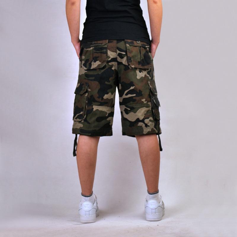 Men solid khaki multi pocket cargo knee shorts loose fit outdoor street casual walking bottoms