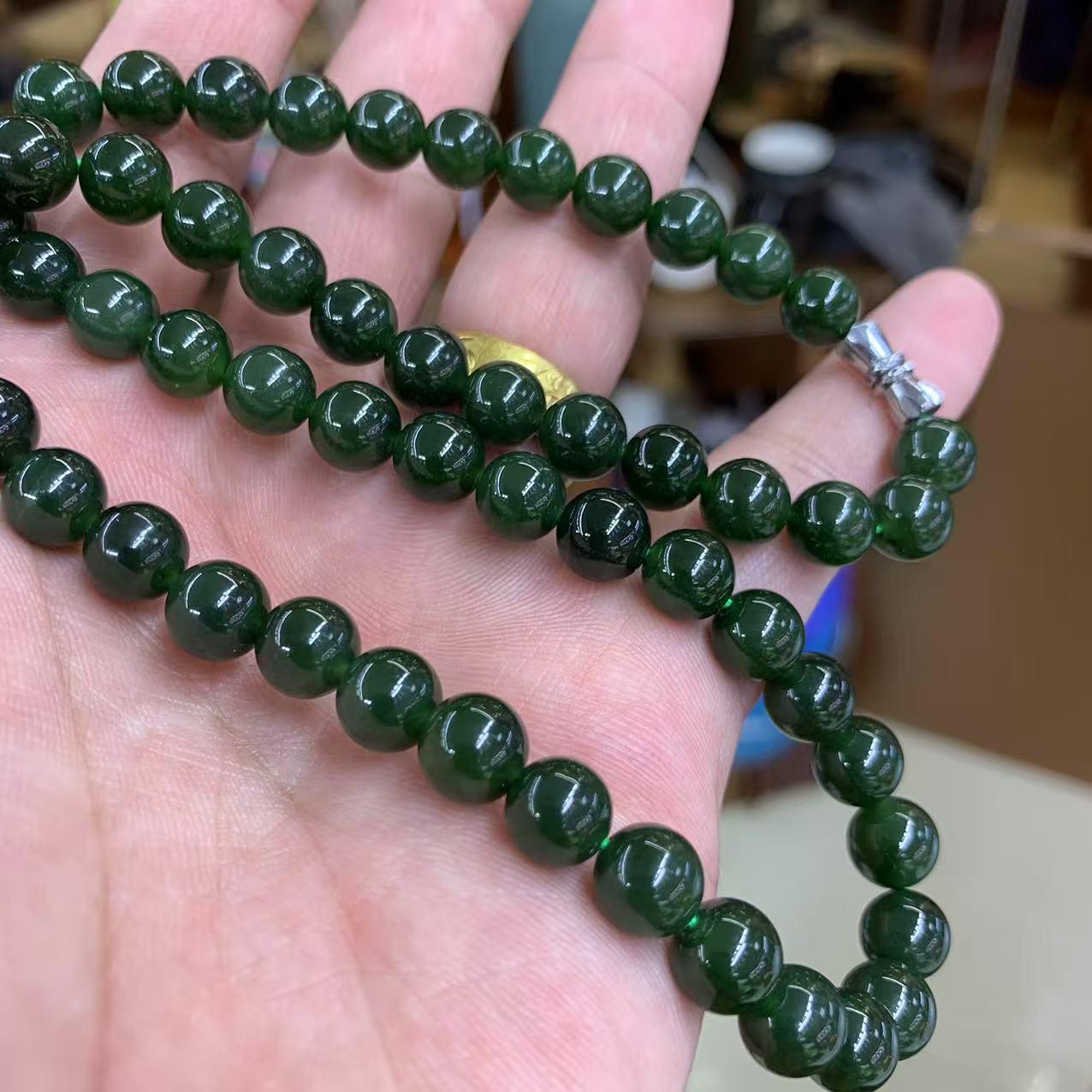 Hetian Jade 8mm Spinach Green Bead Necklace with Black Dots