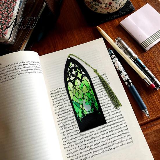 Book Page Marker Stained Glass Art Acrylic Bookmark, Halloween Dark Aesthetic Mark, Transparent Lightweight with Tassel, Gifts for Readers &