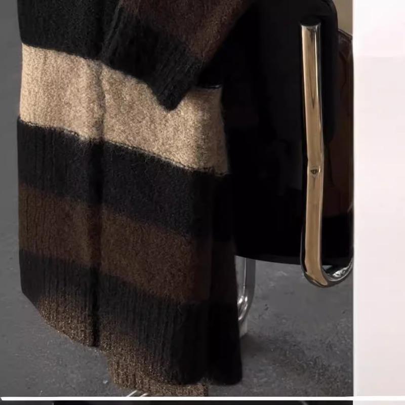 Autumn and winter new lazy style loose medium and long contrasting stripes thickened sweater knitted cardigan jacket women's trend