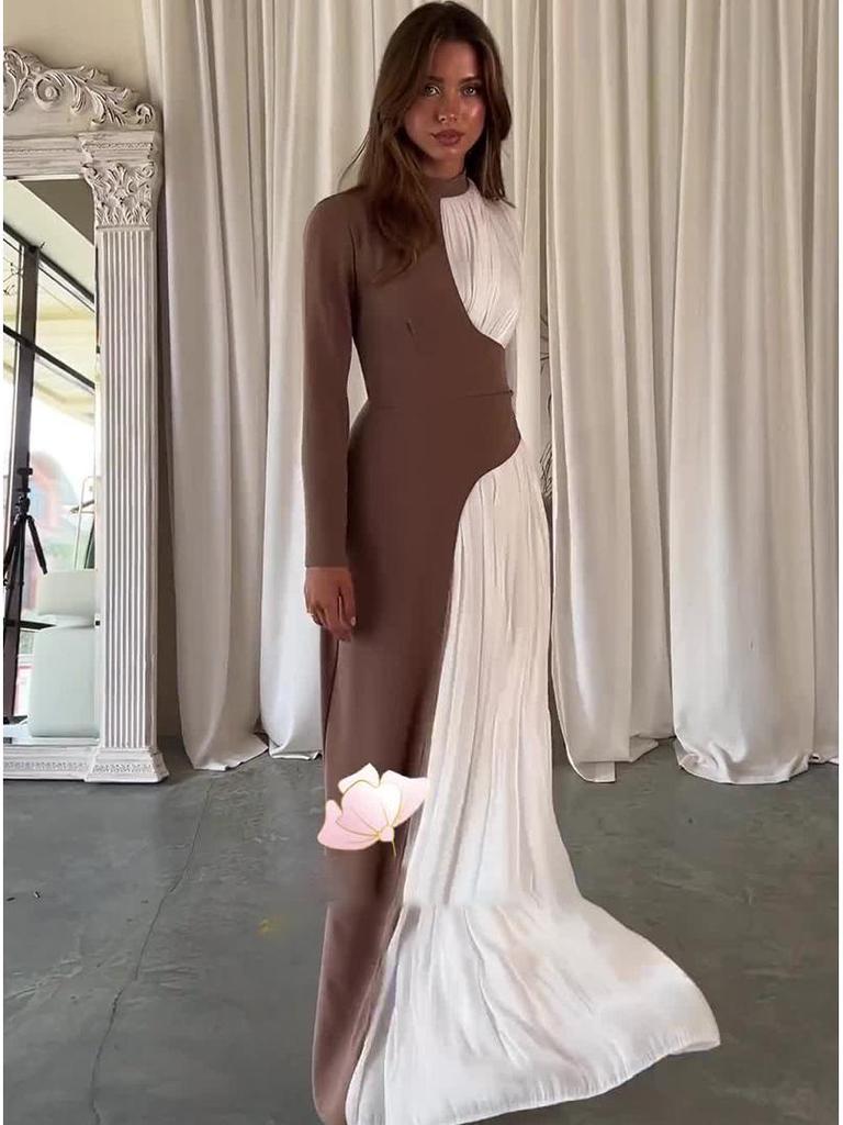 2024 Autumn/Winter Women's European Retro Color Block Slimming Long Sleeve Evening Dress