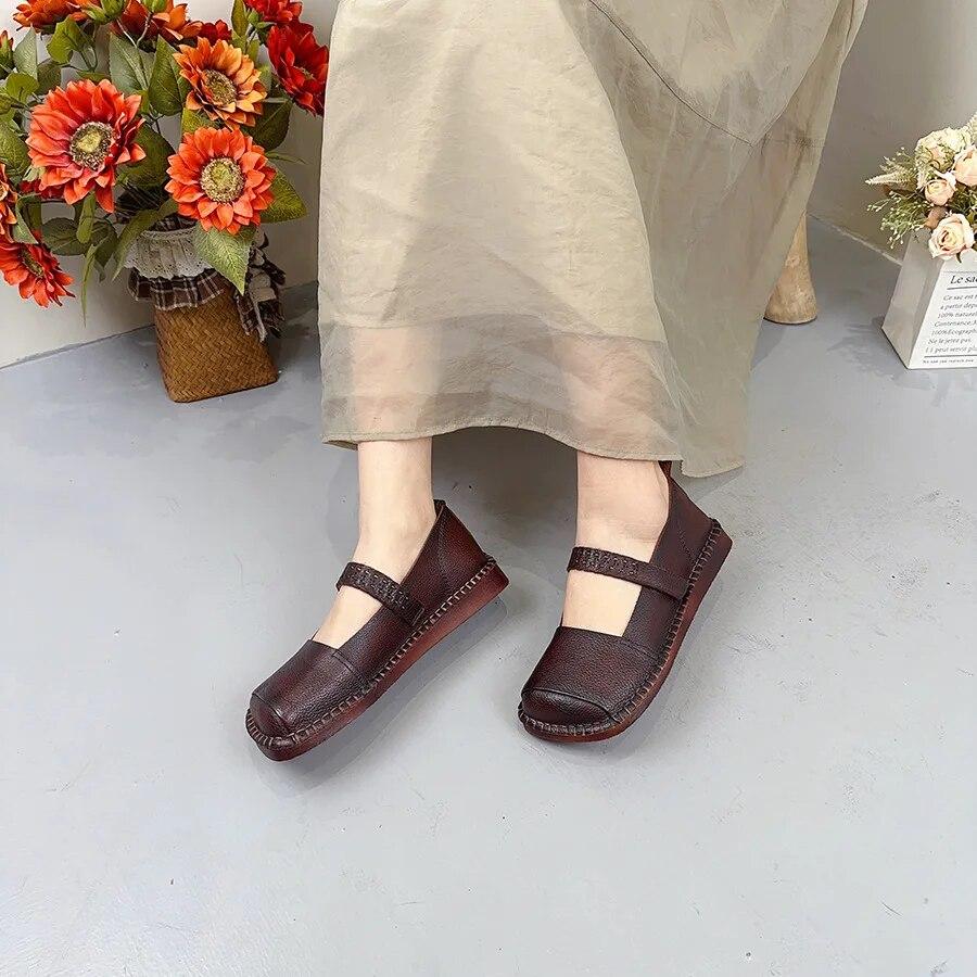 Johnature Pantofi plati cu varf patrat din piele naturala de culoare solida Pantofi de dama retro din piele de vaci cu carlig si bucla