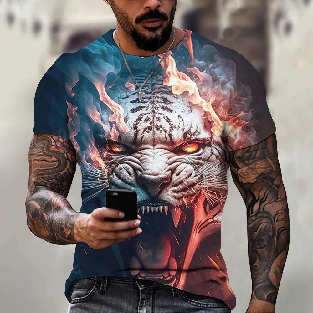 Tiger Fighting Animal Beast Fierce 3d Print T Shirt Summer Men's Short Sleeve Tops Tees Men's Designer T-shirts