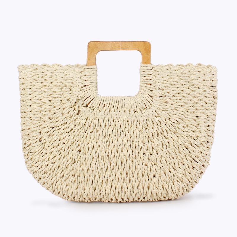 Borsa Intrecciata Casual Fatta a Mano con Manico in Legno - Grande Capacità per Spiaggia Estiva e Viaggi