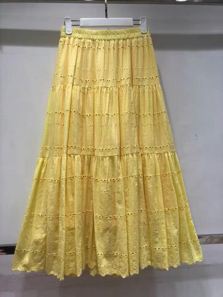 Autumn French Chic Cotton Embroidered Lace Midi Skirt with Flare Umbrella Style