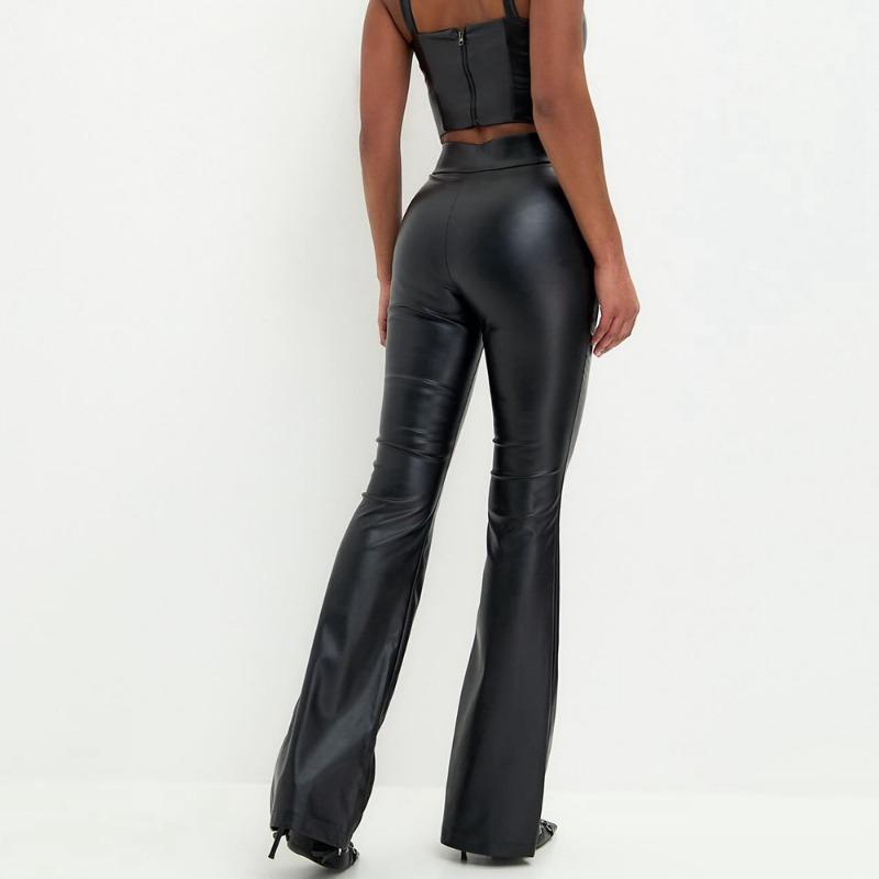 Women's High Waisted Glossy Leather Pants Black Flared Trousers