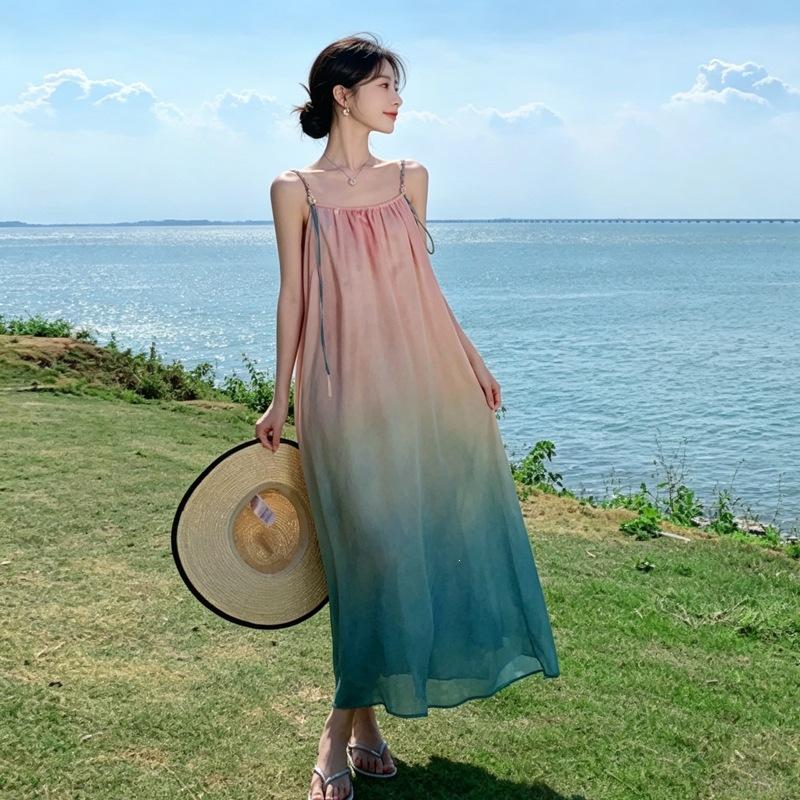 Summer Gradual Change of Color Suspender Dress Women's Seaside Vacation Wind Loose and Thin Big Swing Long Beach Dress Tide
