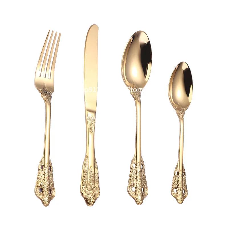 6 Sets of 24 Pieces of 304 Stainless Steel Cutlery Retro Palace Style Western Steak Cutlery Gold-plated High-end Tableware