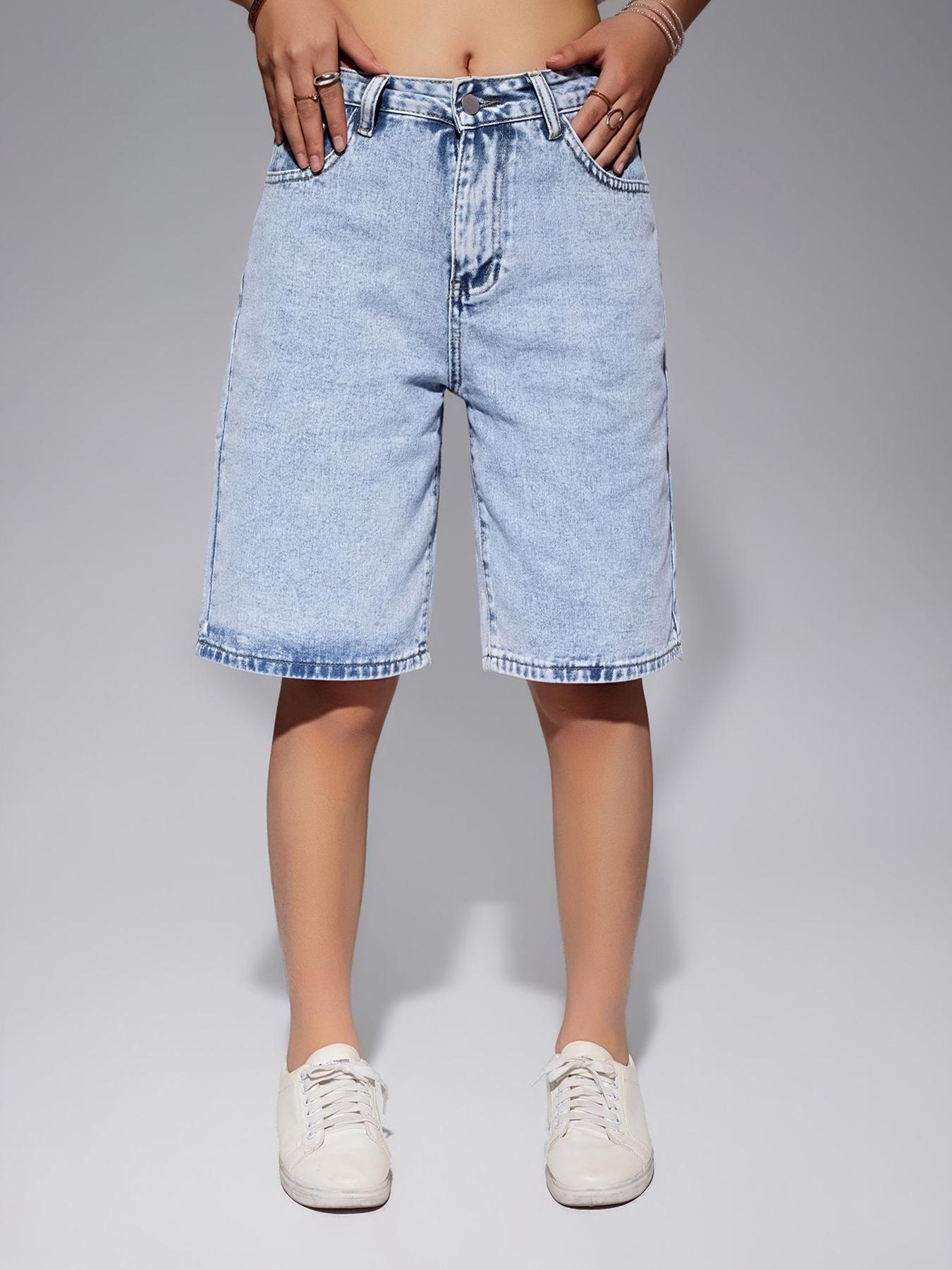 

Puffanpop Women s High Rise Non-Stretch Denim Bermuda Shorts - Vintage Light Acid Wash Wide Leg Loose Fit Trousers for Casual Streetwear XXL синій