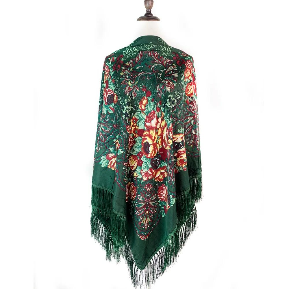 160*160cm Luxury Flower Print Russian Square Scarf Women Traditional Ukrainian Shawl Ethnic Fringed Bandana Babushka Head Wraps