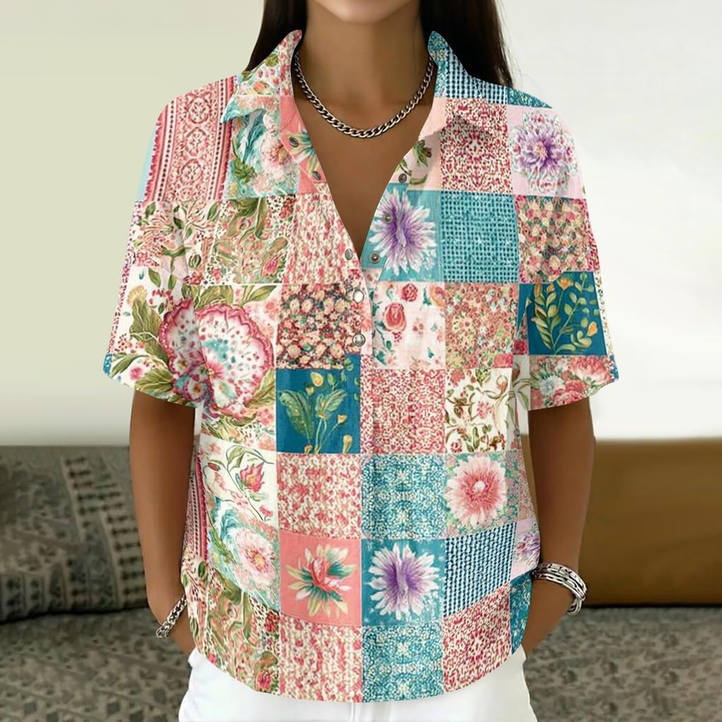 Damen Vintage Blumenmuster Polohemd Knopfleiste Kurzarm Lockerer Schnitt Lässiges Oberteil aus Baumwoll-Leinen-Stoff