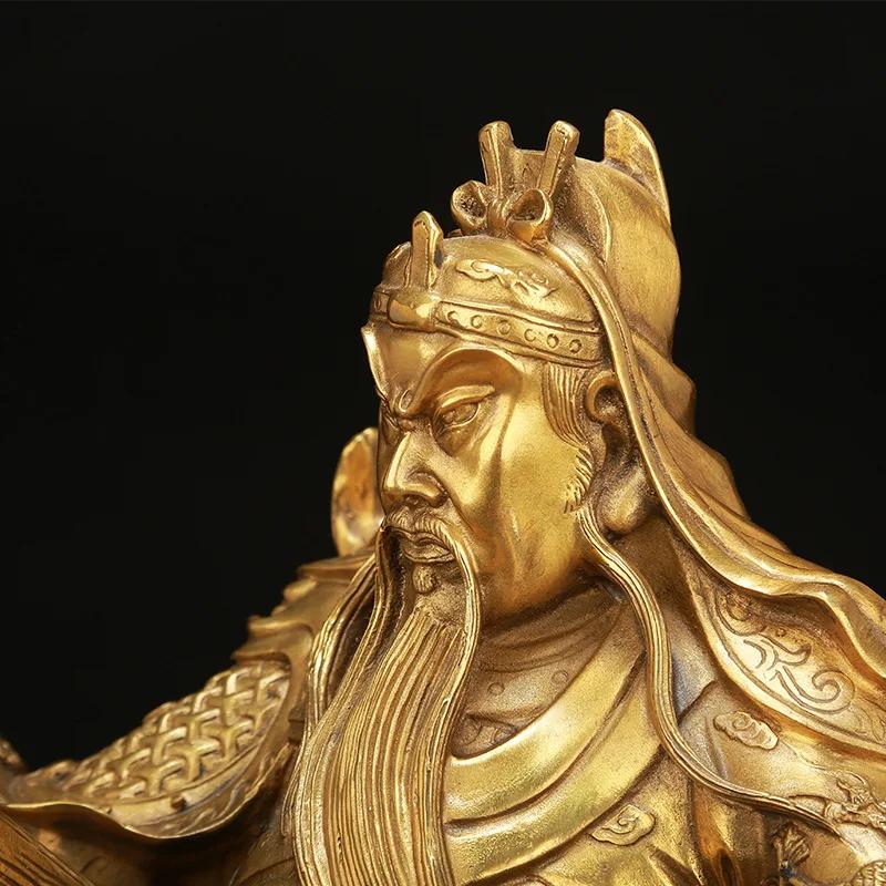 16" Chinese Brass Dragon Guangong Guanyu Sword Read Books Tiger Head Seat Statue