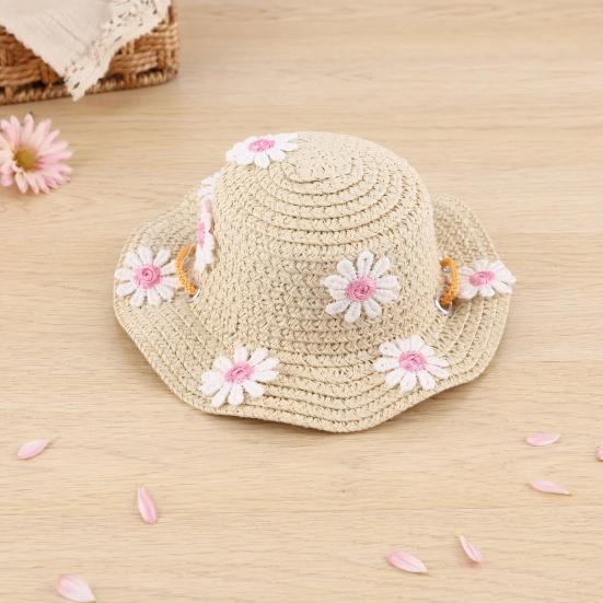 Jijijing Dog Straw Hat, Cute Flower Pet Sun Breathable Summer Wide Brim Hat for Dogs Cats Camping Hiking