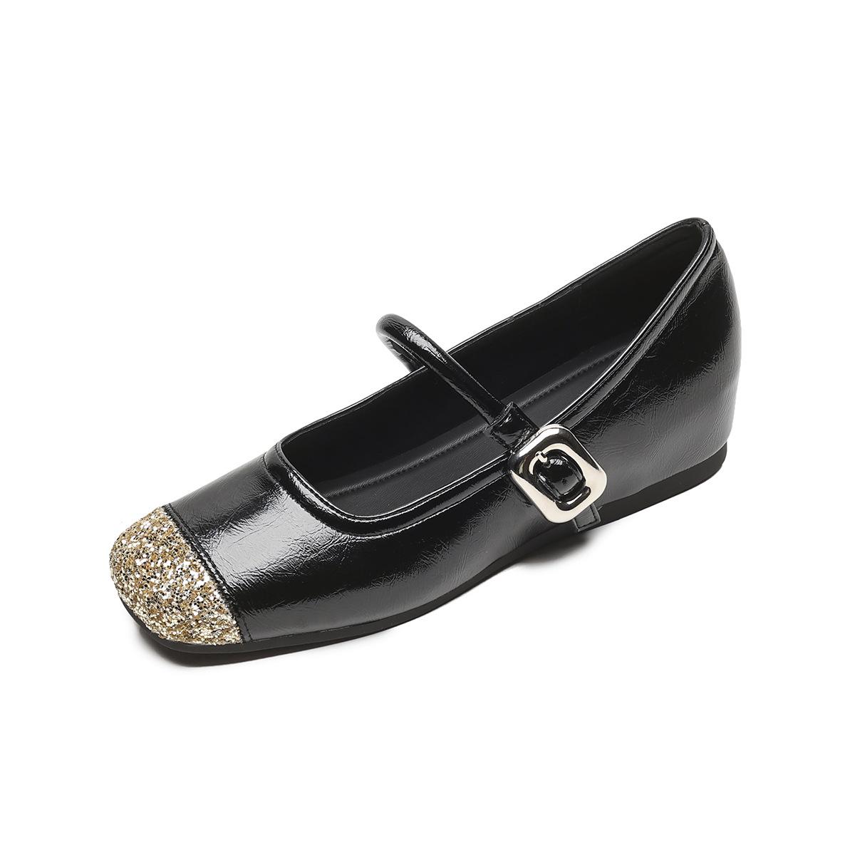 

Туфли Мэри Джейн Weiwei Girl 865-5 с французской квадратной головкой, плоская подошва, одно слово со светлым ртом, серебристая внутренняя часть, увеличивающая рост, одинарные женские туфли 43 чёрный