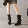Krazing Pot Cow Suede Nubuck Winter Round Toe Modern Boots Med Heels Slip on Metal Rivets Women Mid-calf Boots