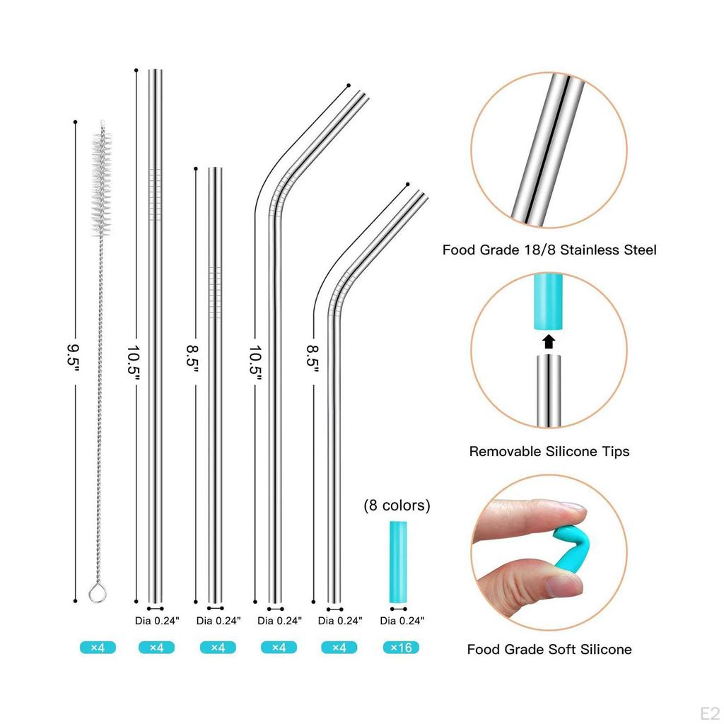 16 Pieces Metal Straws, Colorful Travel with Cleaning Brush Stainless Steel Straw Set Reusable