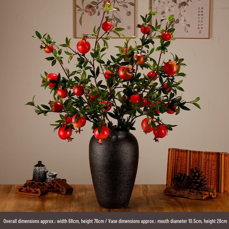 High-End Artificial Pomegranate Flower & Fruit Tree Branch Arrangement for Living Room or Dining Table Decor.