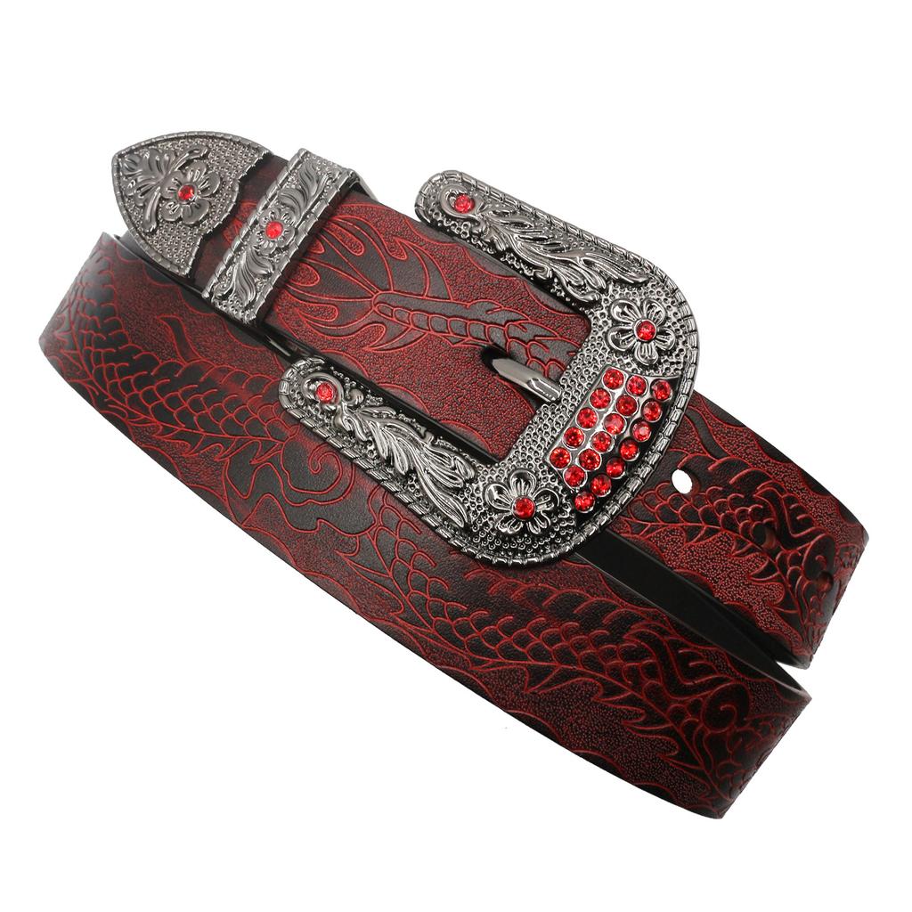 Retro Rhinestone Embossed Belt Men'S First Layer Cowhide Board Buckle Belt Hard Cowhide Rock Style Metal Rivet Belt