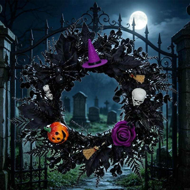 Seasonal Halloween Wreath, 15.7 Inch Black Wall Hanging for Entryway Party Welcome, Porch Use, Window Welcome, and Guest D