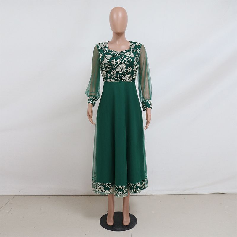 

Spring and Summer Robe Gown Arabic Fashion Embroidery Mesh See-through Puff Sleeves Green Long Dress Dresses Green XXL