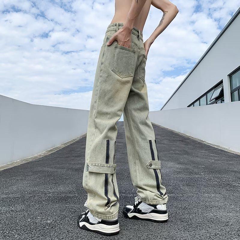 New High Street Zipper Jeans For Men In Summer Retro Handsome Pants Loose Trendy Brand Wide Leg Straight Casual Trousers For Men