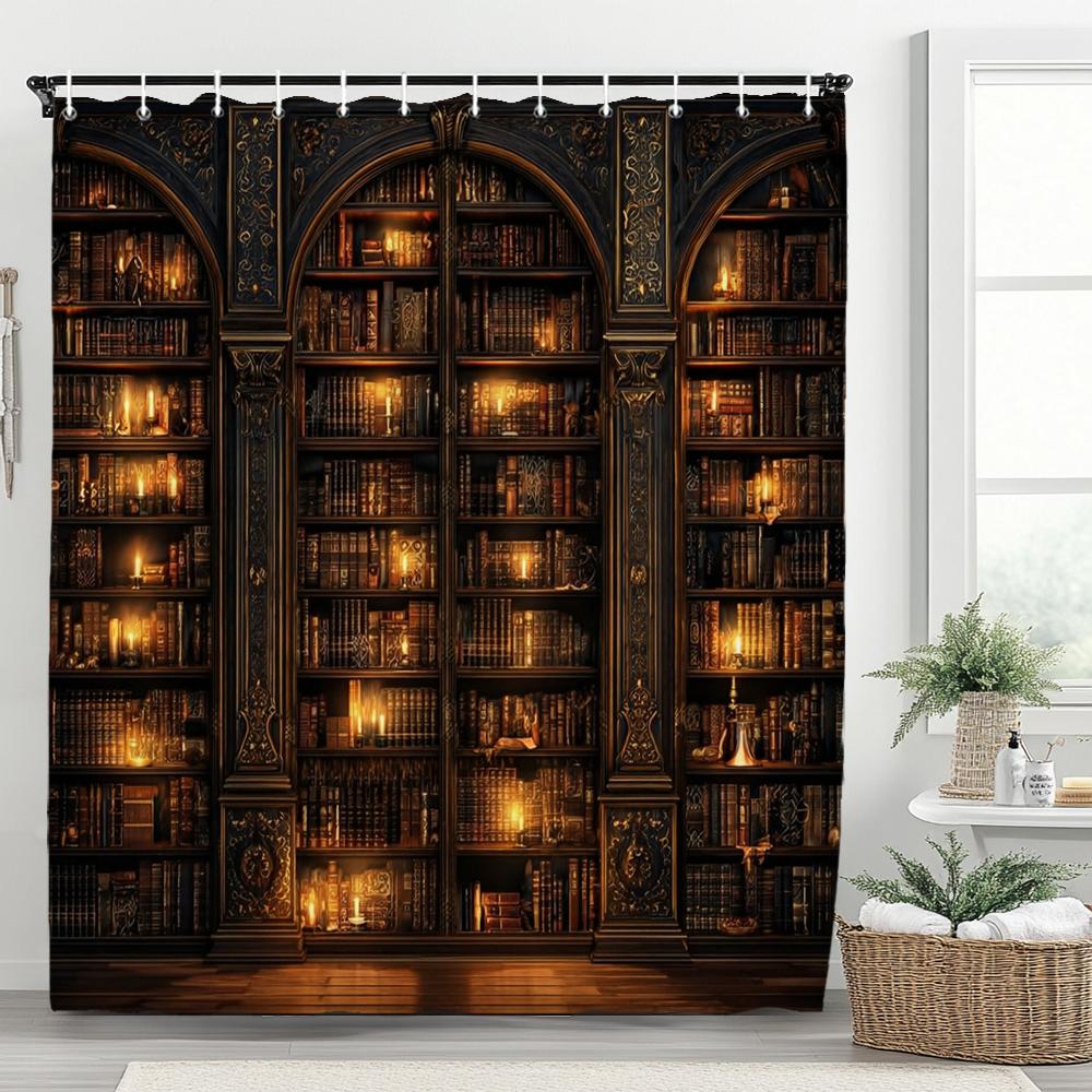 1pc Vintage Library Shower Curtain Old Book Bookshelf Candles Home Polyester Fabric Bathroom Decorative Home Curtain With Hooks