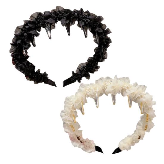 Women Headband Non-Slip Wide Headband with Inverted Tooth Comb Pearl Embellishments Layered Mesh