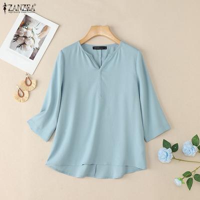 Women Casual V-Neck Solid Color 3/4 Sleeve Loose Blouse