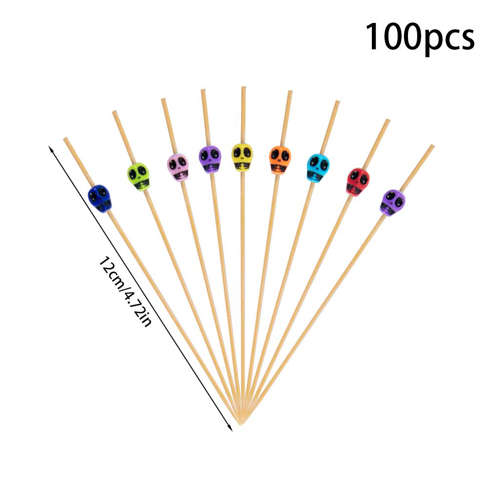 100pcs Halloween Skull Cocktail Picks Bamboo Toothpicks Fruits Sticks Appetizers Drinks Food Skewers Halloween Party Decoration