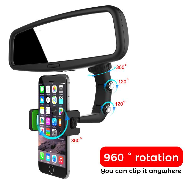 Adjustable Telescopic Car Rearview Mirror Mount Phone Holder Universal Phone GPS Video Shooting Bracket 360° Rotating