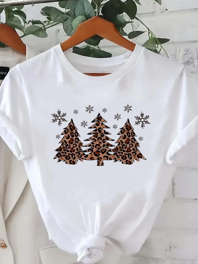 (Asian Size) Watercolor Cute 90s Short Sleeve T-shirts  Print Merry Christmas O-neck Women's Top New Year T Clothing Fashion Holiday Graphic Tee