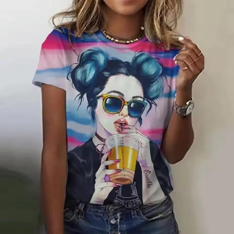 Women's T-shirt 3D Printed Casual Short Sleeved Cartoon Girl Pattern Print O-Neck Top Fashionable Street Women's Clothing
