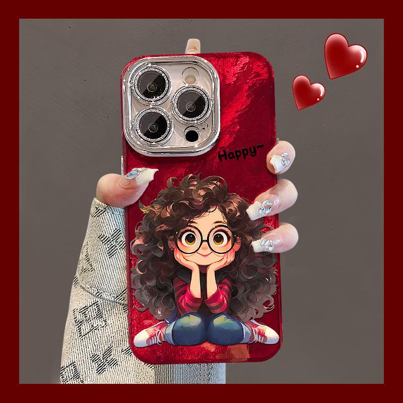 Cute Curly-haired Girl, Suitable for Apple 2016 New Year Phone Case 15pro Lens Film Anti-drop 14 High-end Feel 13/12