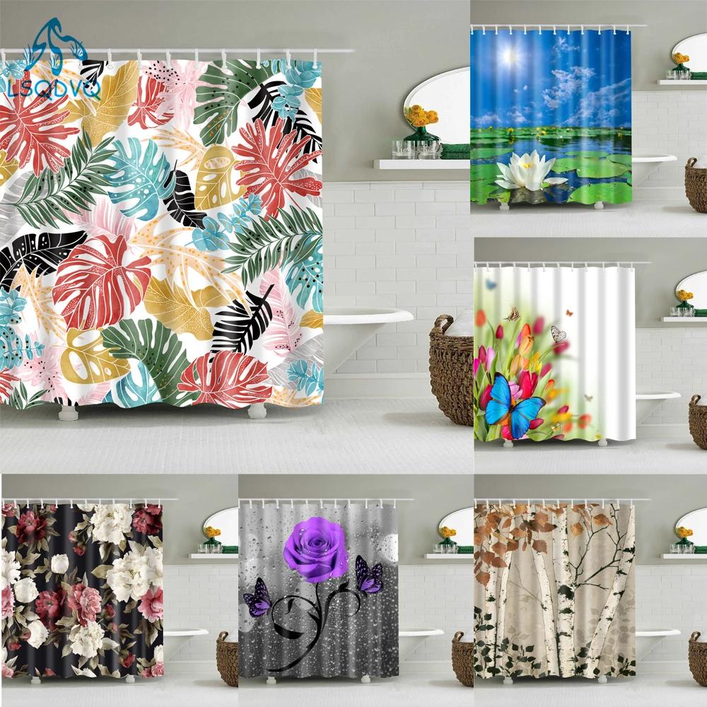 Flower Painting Printed Mildew Proof Polyester Shower Curtains Washable Waterproof Shower Curtains for Bathroom Home Decor