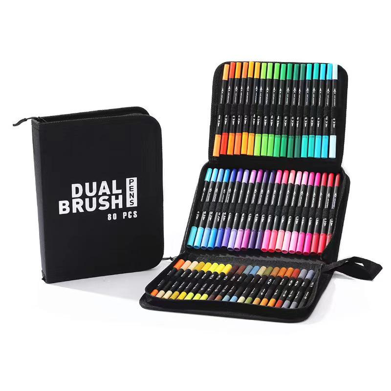 Water-based Double-ended Watercolor Pen Set with Colored Fine Liner and Soft Tip