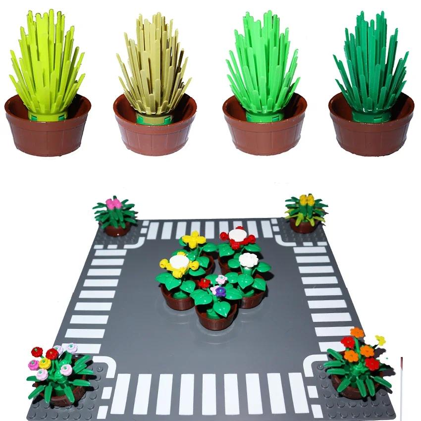 MOC Construction Bricks City Street Potted Plants Tree Stem Grass Flower Pot House Garden Accessories Blocks 6064 30176 30239 4727