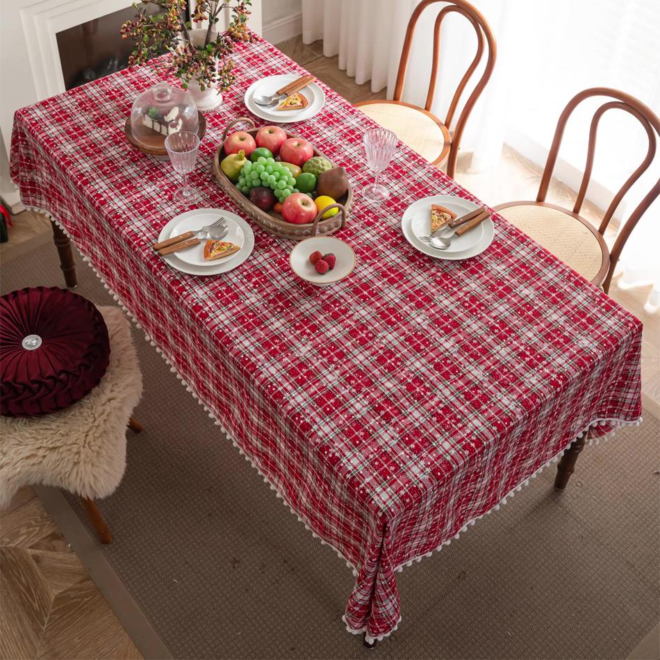 Christmas Red Grid Tablecloth White Snow Ornamental tassel Table Vintage Dining Table Cover For kitchen Party Birthday Decor