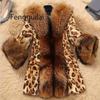 Women's Mid-Length Faux Raccoon Fur Collar Leopard Print Coat - 2024 Autumn/Winter Collection