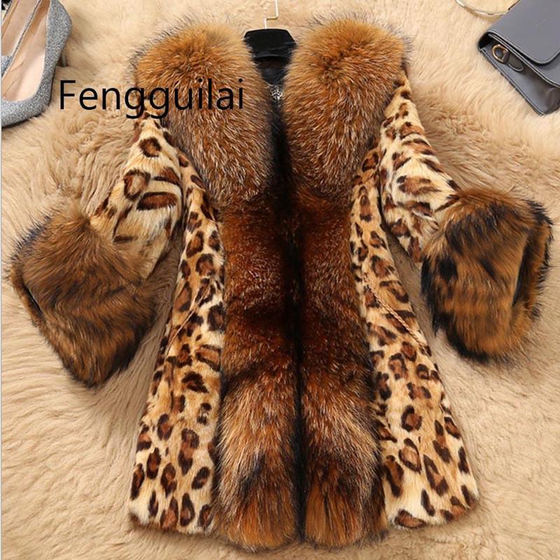 

Women s Mid-Length Faux Raccoon Fur Collar Leopard Print Coat - 2024 Autumn/Winter Collection L