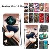 Handmade PU Leather Flip Case for Realme 12+ /Realme 12 Plus Anti-Slip Shockproof Cover with Wrist Strap & Heart/Rose Cat Designs