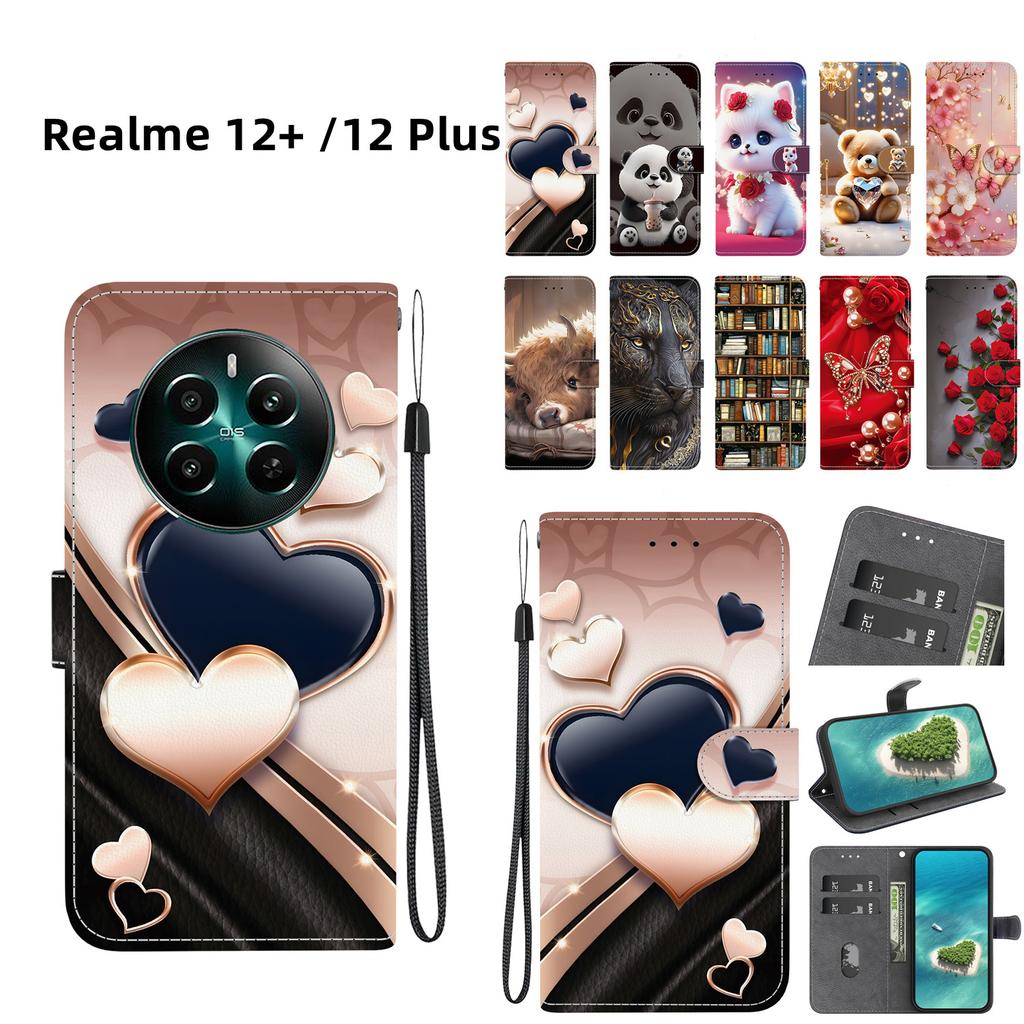 Handmade PU Leather Flip Case for Realme 12+ /Realme 12 Plus Anti-Slip Shockproof Cover with Wrist Strap & Heart/Rose Cat Designs