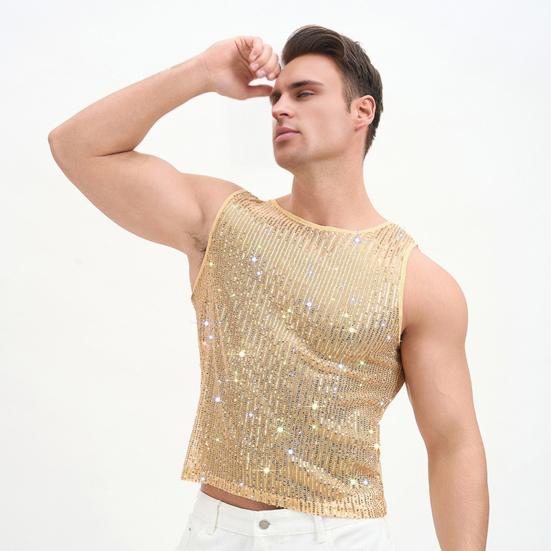 Herren Pailletten Weste Funkelnd Rundhals Ärmellos Shirt Durchsichtig Sexy Tanktop für Musikfestival Rave Nachtclub Bar Party