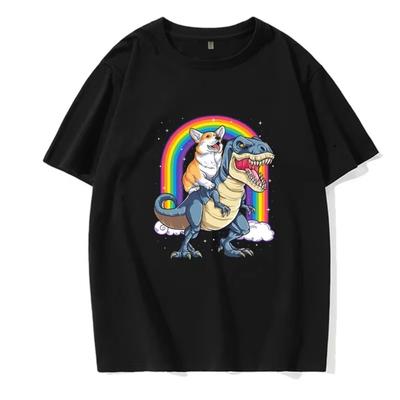 German Shepherd Riding Dinosaur T Rex Tshirt for Men Rainbow T-Shirt Cotton Design Tops T Shirt Faddish Mens T Shirts