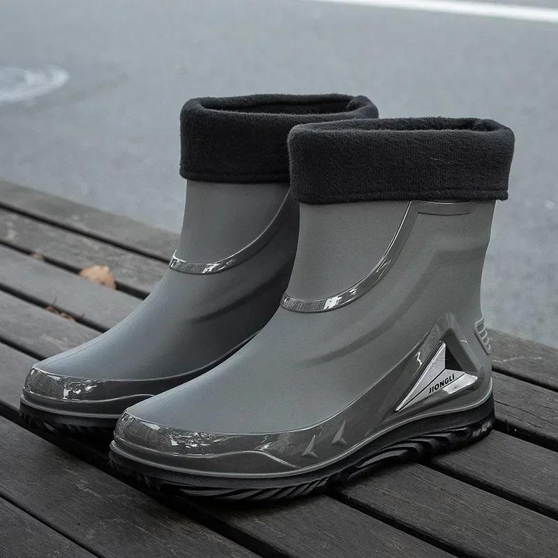 High Quality Rain Boots for Men, Drawstring Waterproof Shoes, Mid-length Anti-slip Rain Boots, Plus Fleece Rubber Boots for Work