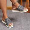 Summer New Large Women's Shoes Canvas Slippers with Slope Heels and Hemp Rope Thick Sole Denim Slippers