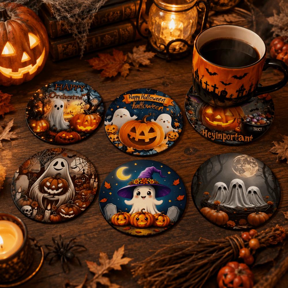 6pcs Wooden Halloween Coasters Pumpkin Heat Insulation Pad DIY Halloween Cup Mats Halloween Party